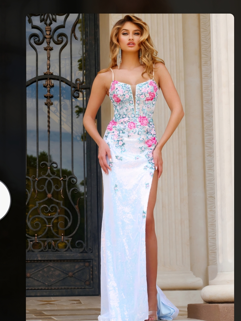 JOVANI Style Code 40464A Elegant Sequin Gown with Pink Floral Embroidery Size 4